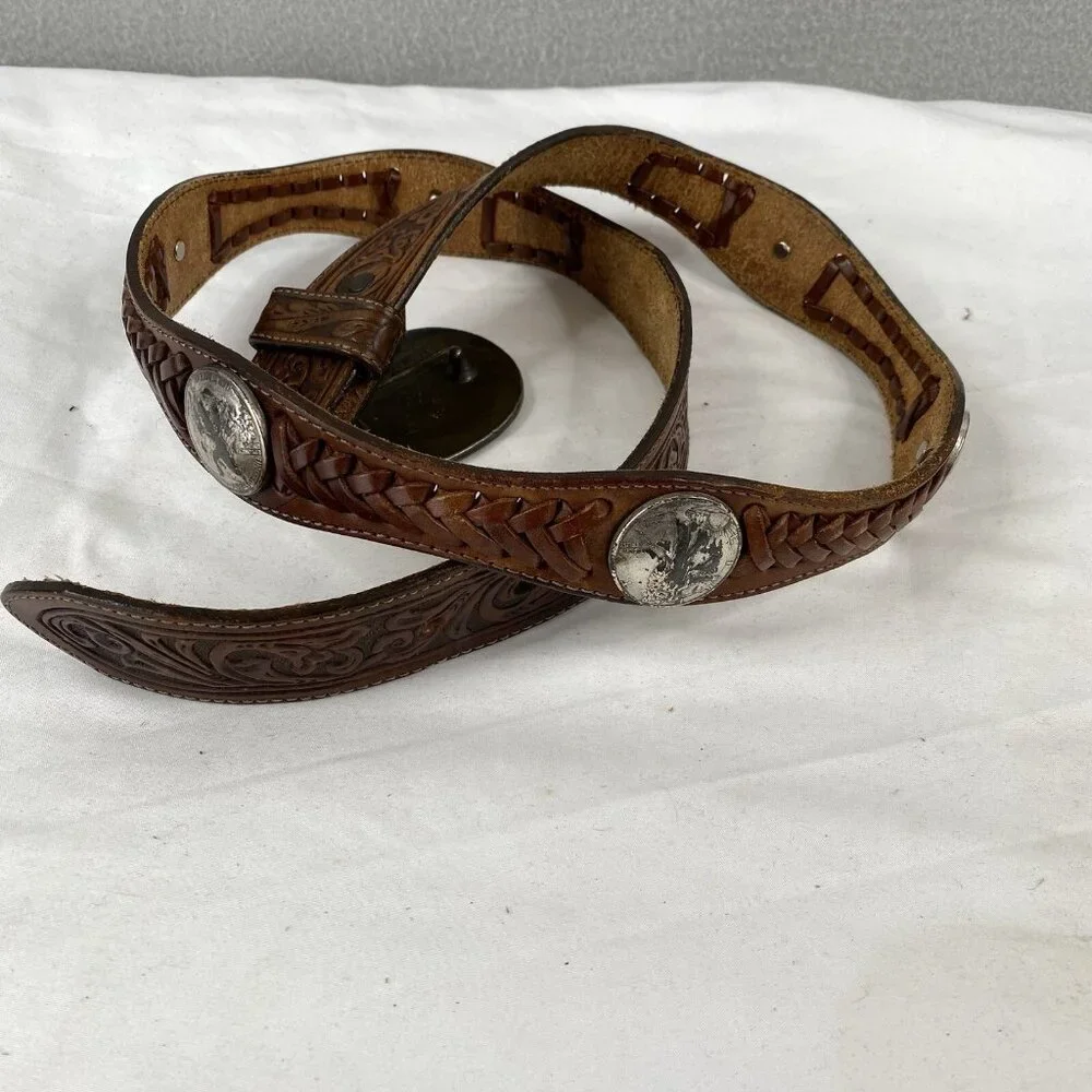 Indiana Metal Leather Belt Brown Silver Domed Walking Liberty Coins Concho